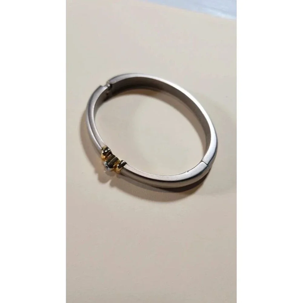 Vintage 80s 90sTwo Tone Hinged Bangle Bracelet Silver Gold Rhinestone Minimalist